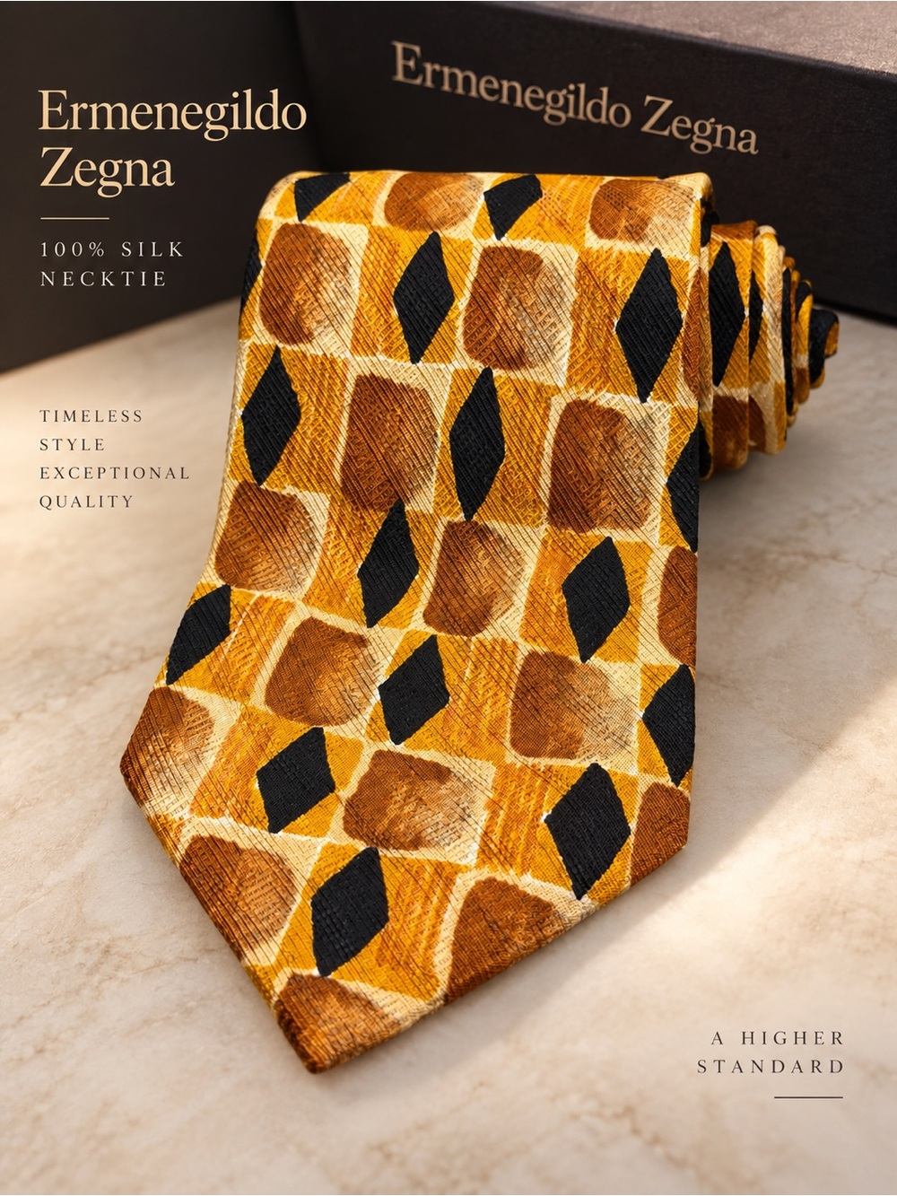 Ermenegildo Zegna Gold and Black Patterned Silk Tie